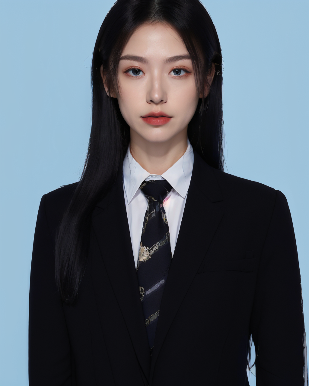 01053-380926997-_lora_id photo_0.6_,blue id photo,[1girl],necktie,solo,black hair,black necktie,shirt,jacket,looking at viewer,(black jacket_1.3.png